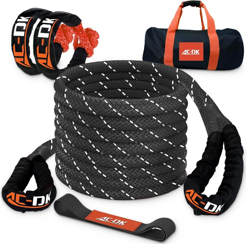 AC-DK Kinetic Recovery Rope (1in x 30ft ‎Black) 48000lbs Snatch Strap,Heavy Duty Stretch Nylon Towing Ropes with 2pcs Soft Shackles for Offroad Vehicle,Jeep,SUV,ATV,UTV,Tractor Elastic Ropes Kit - Image 1